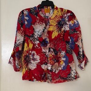 Ruby Rd Red Floral 3/4 Sleeve Mandarin Collar Top